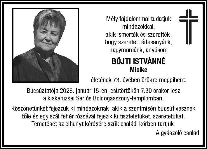Gyászhír - elhunyt Böjti istvánné Kiemelő fotó - Gyászhír - elhunyt Böjti istvánné